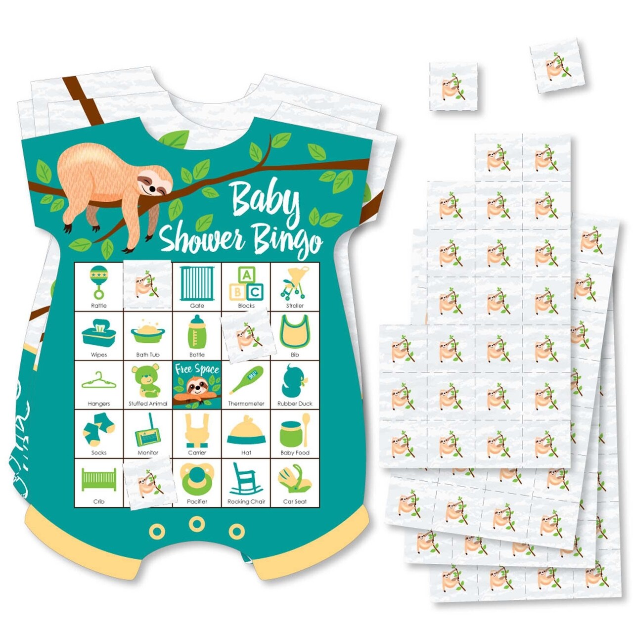 Big Dot of Happiness Let's Hang - Sloth - Picture Bingo Cards and Markers - Baby Shower Shaped Bingo Game - Set of 18